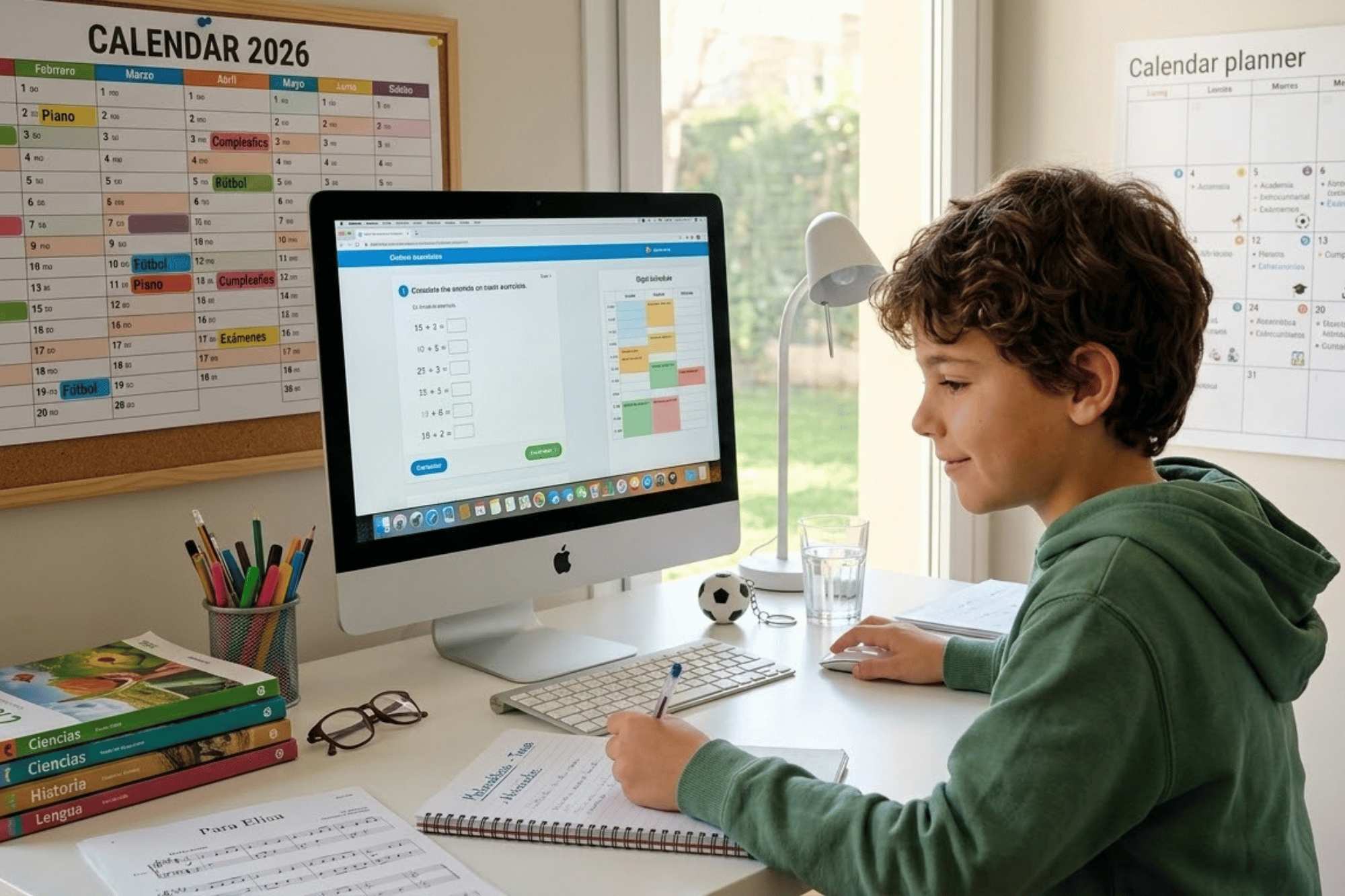 Student balancing academics and extracurricular activities at desk with computer, calendar, and organized school supplies