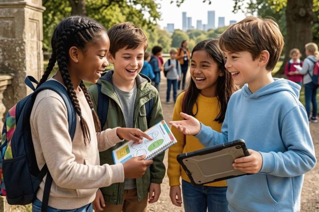 Students putting advice for online classes into practice while socializing during an educational field trip