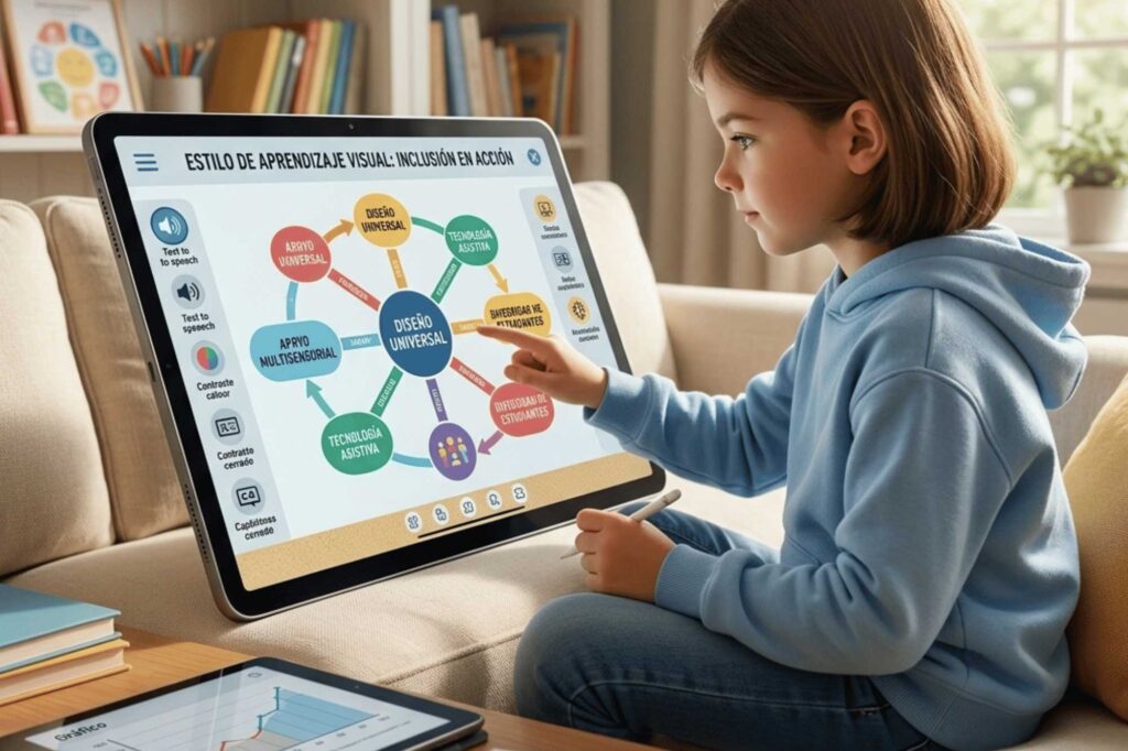 A student with a visual learners looking at a graph and a concept map on a tablet in an inclusive virtual environment.