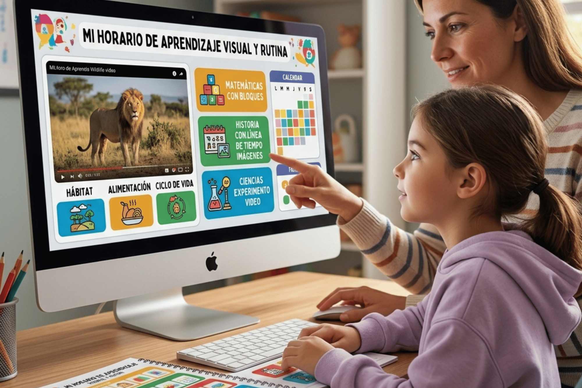 Key strategies for supporting students with a visual learners in virtual environments A girl with her mother in front of a computer, representing students with a visual learners in virtual environments