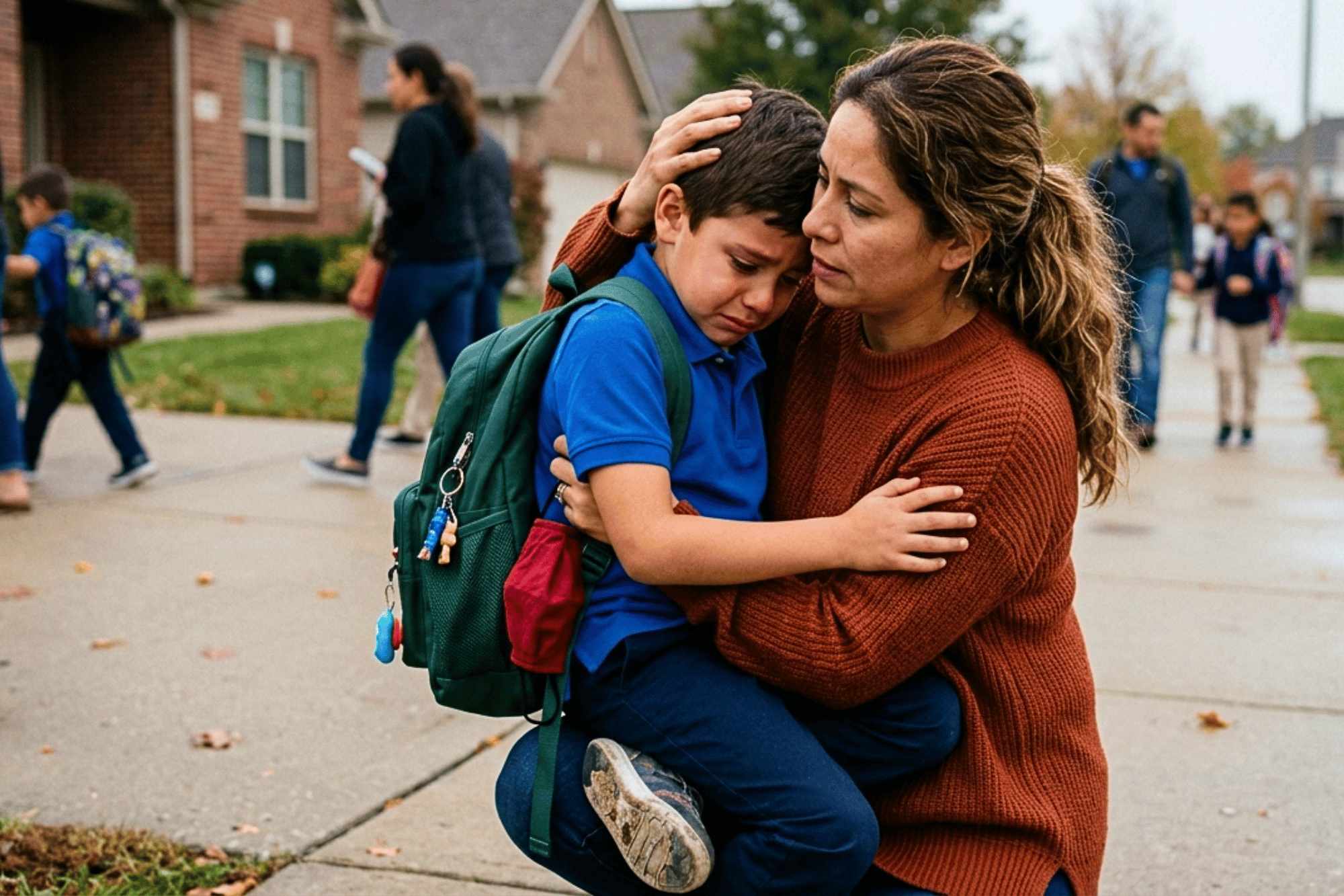 A mother hugging her son, who is wearing a backpack, while he looks down sadly, depicting the moment when my child refuses to go to school
