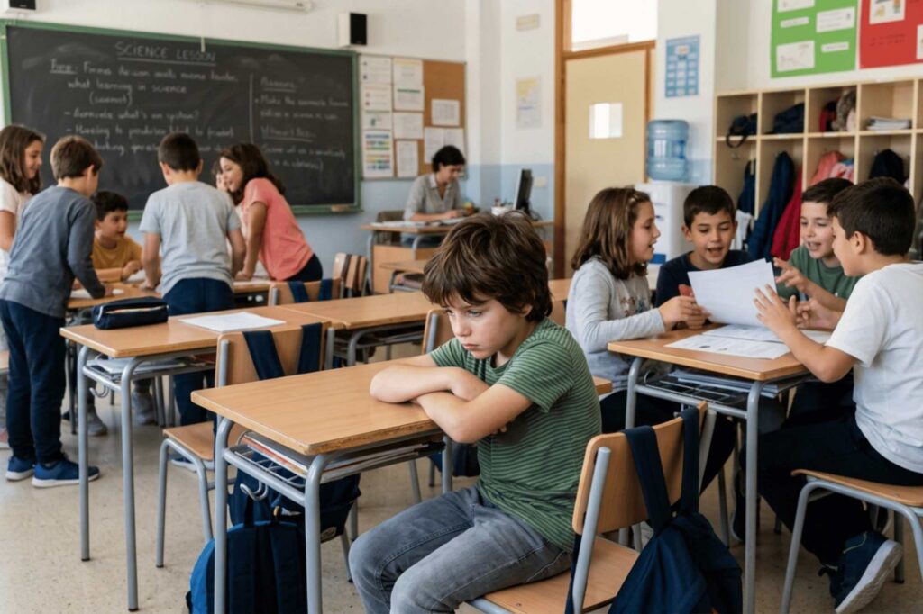 A child sitting alone in a corner of the classroom, with a sad and lost look, surrounded by classmates who interact with each other without paying attention to him, are warning signs in the student's mental health.