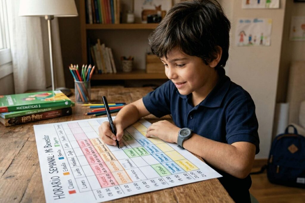 Student organizing their weekly schedule on a template to prevent childhood burnout, distributing time between classes, studying, family, sports and rest.
