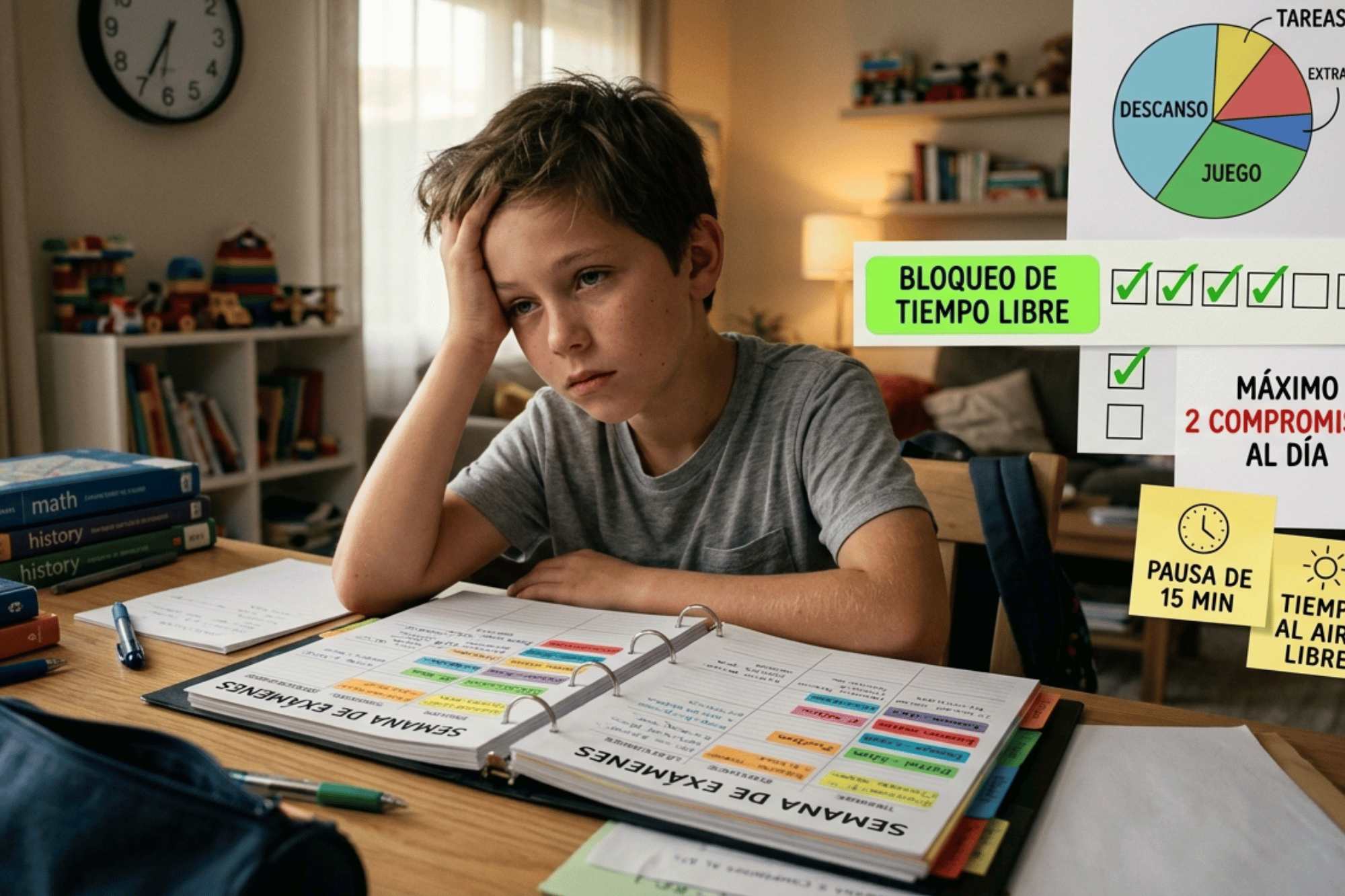 How to prevent childhood burnout by managing excessive commitments Exhausted child sitting in front of a full schedule of activities, with visual strategies to manage overbooking and avoid childhood burnout