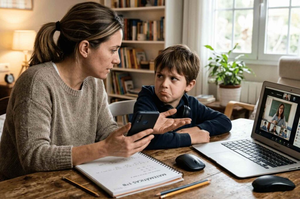 Mother telling her son with nomophobia that he cannot use his phone while studying online