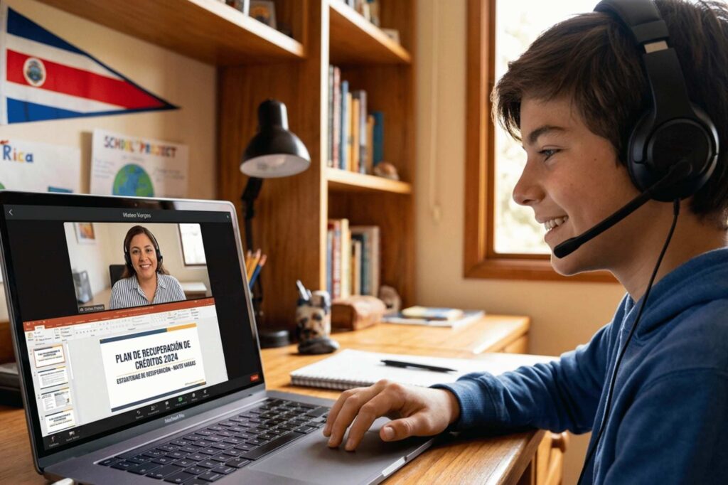 Teacher and student on video call planning credit recovery strategies at a private online school